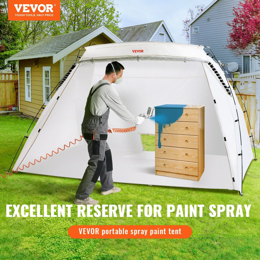 Foldable paint booth tent with its own floor panel, set up as an enclosed spray-painting space