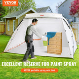 Foldable paint booth tent with its own floor panel, set up as an enclosed spray-painting space