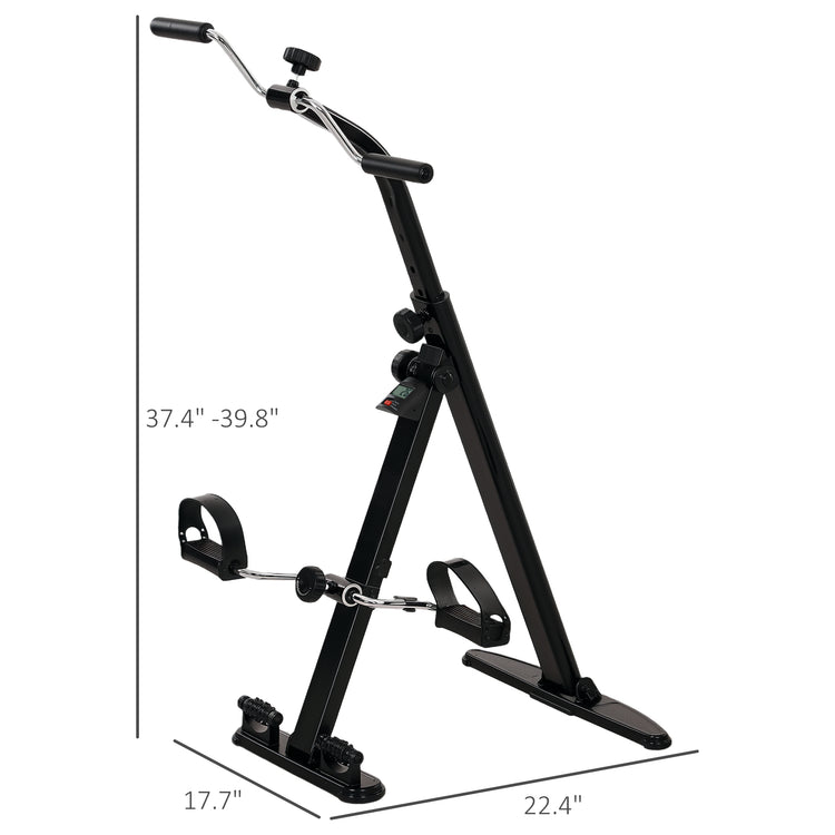 Pedal exerciser dimensions illustrated next to a chair