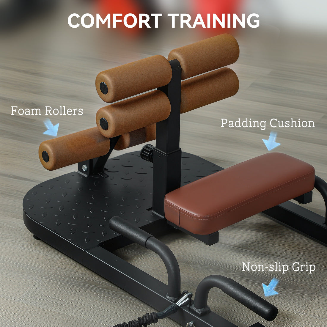 Sissy squat trainer with padded ankle hooks