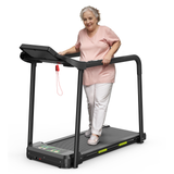 Walking pad treadmill with handrail, side view