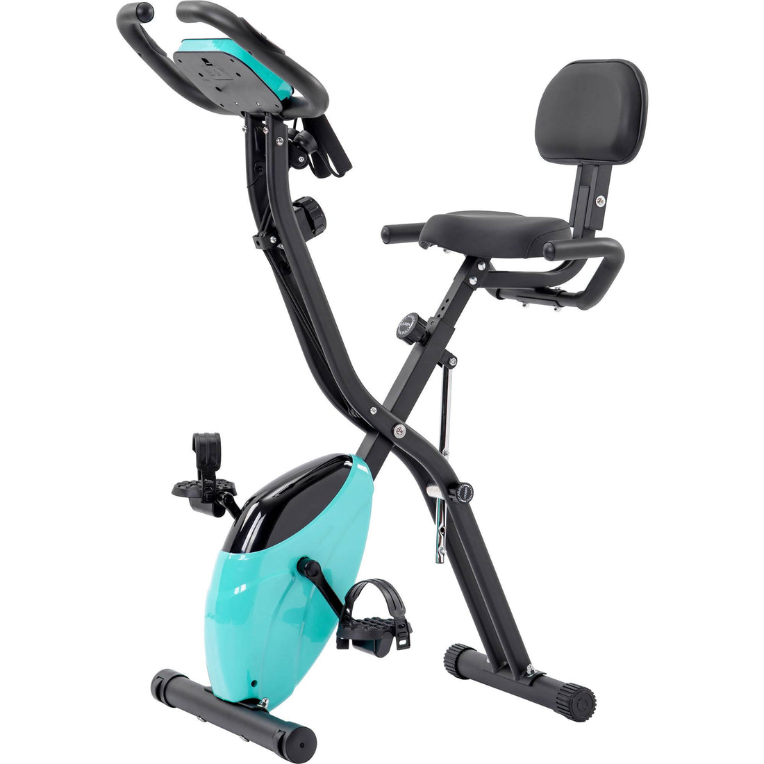 Folding exercise bike in upright position, green frame