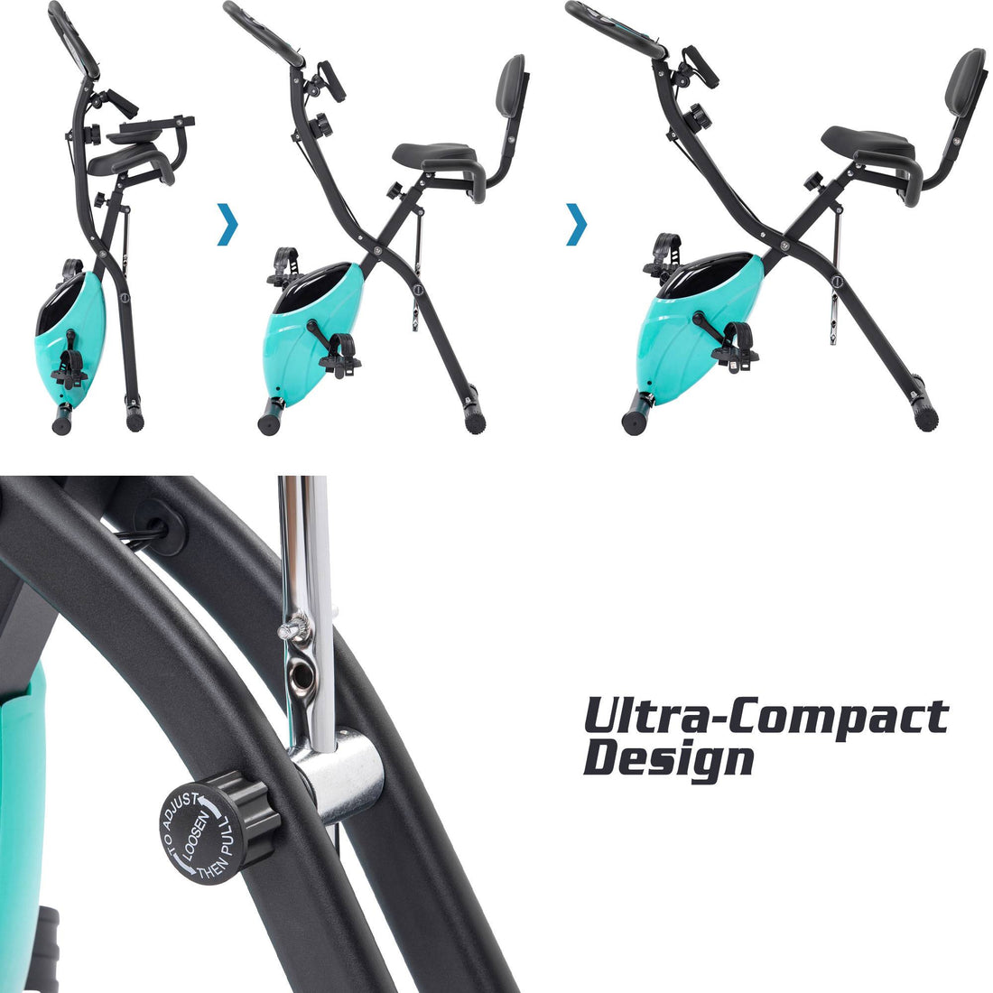 Folding exercise bike package contents shown laid out