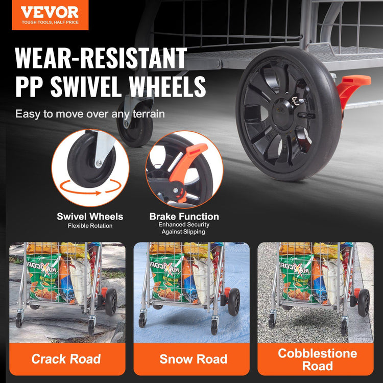 Folding shopping cart with wheels detail view