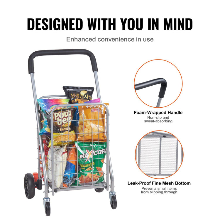 Folding shopping cart with wheels in-use scene