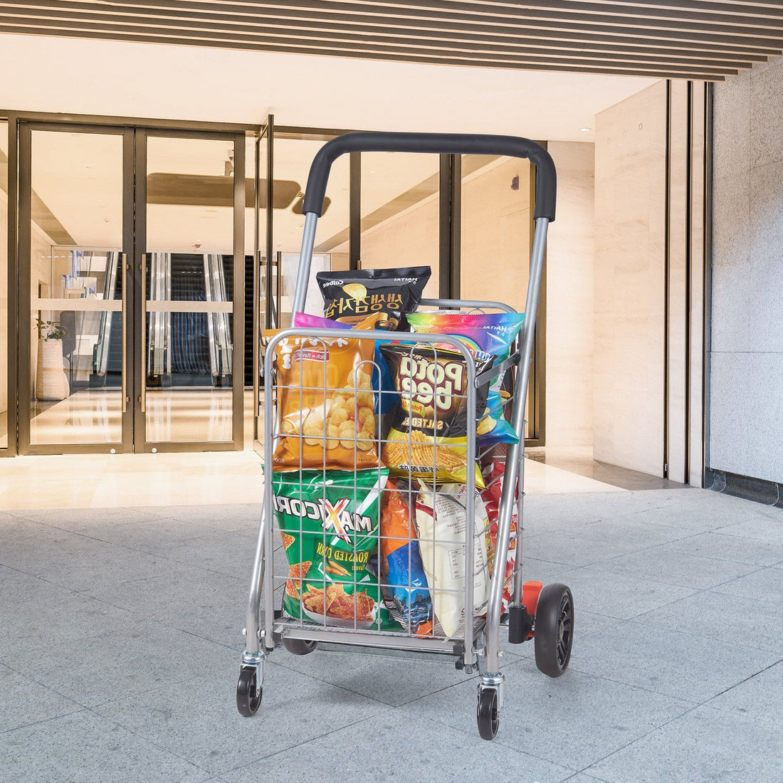 Folding shopping cart with wheels packaging view