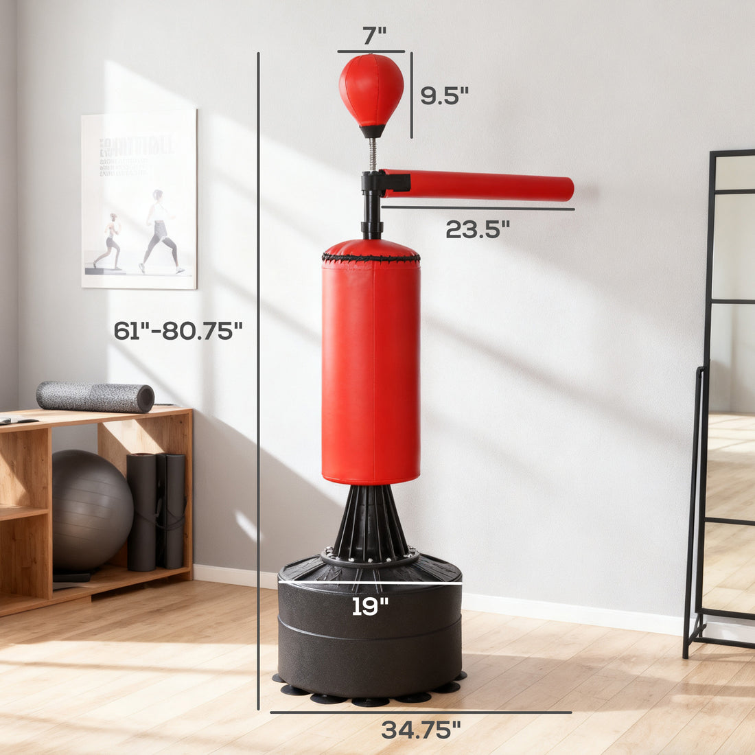 Freestanding boxing bag in home workout setup