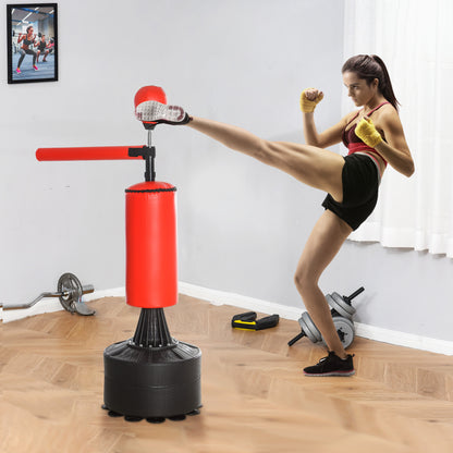 Black and red freestanding boxing bag with gloves