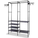 Side view of metal garment rack organizer with clothes and shoes
