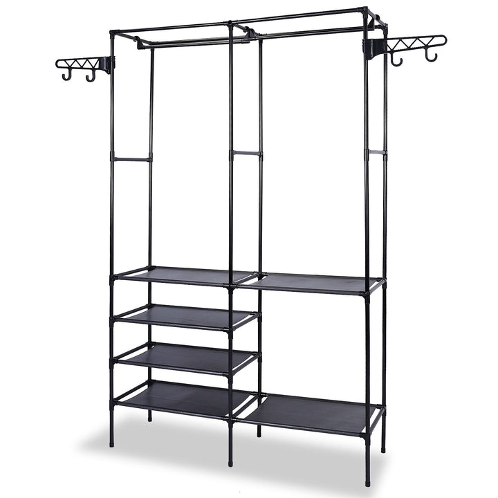 Side view of metal garment rack organizer with clothes and shoes