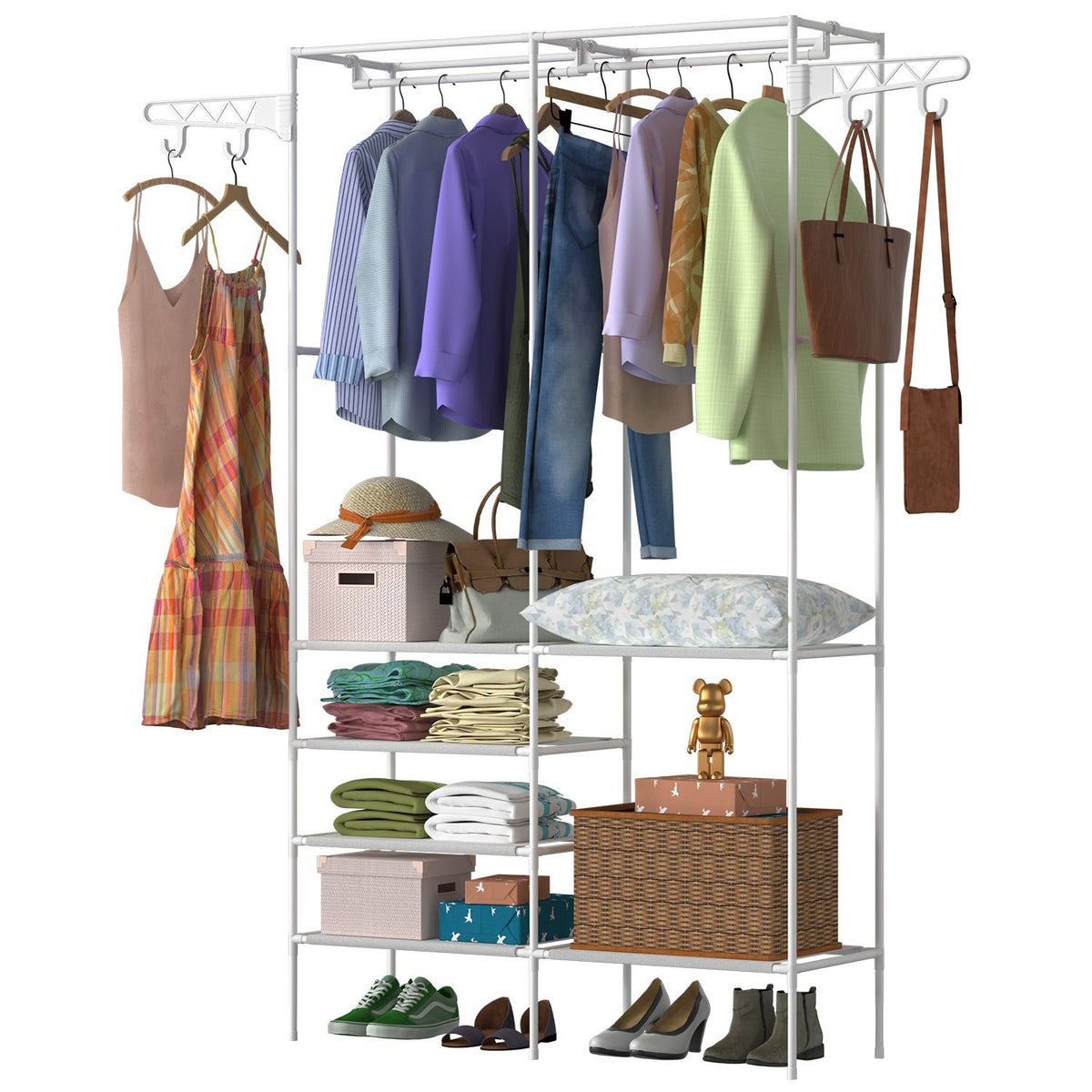 Freestanding garment rack with hanging clothes and shoes