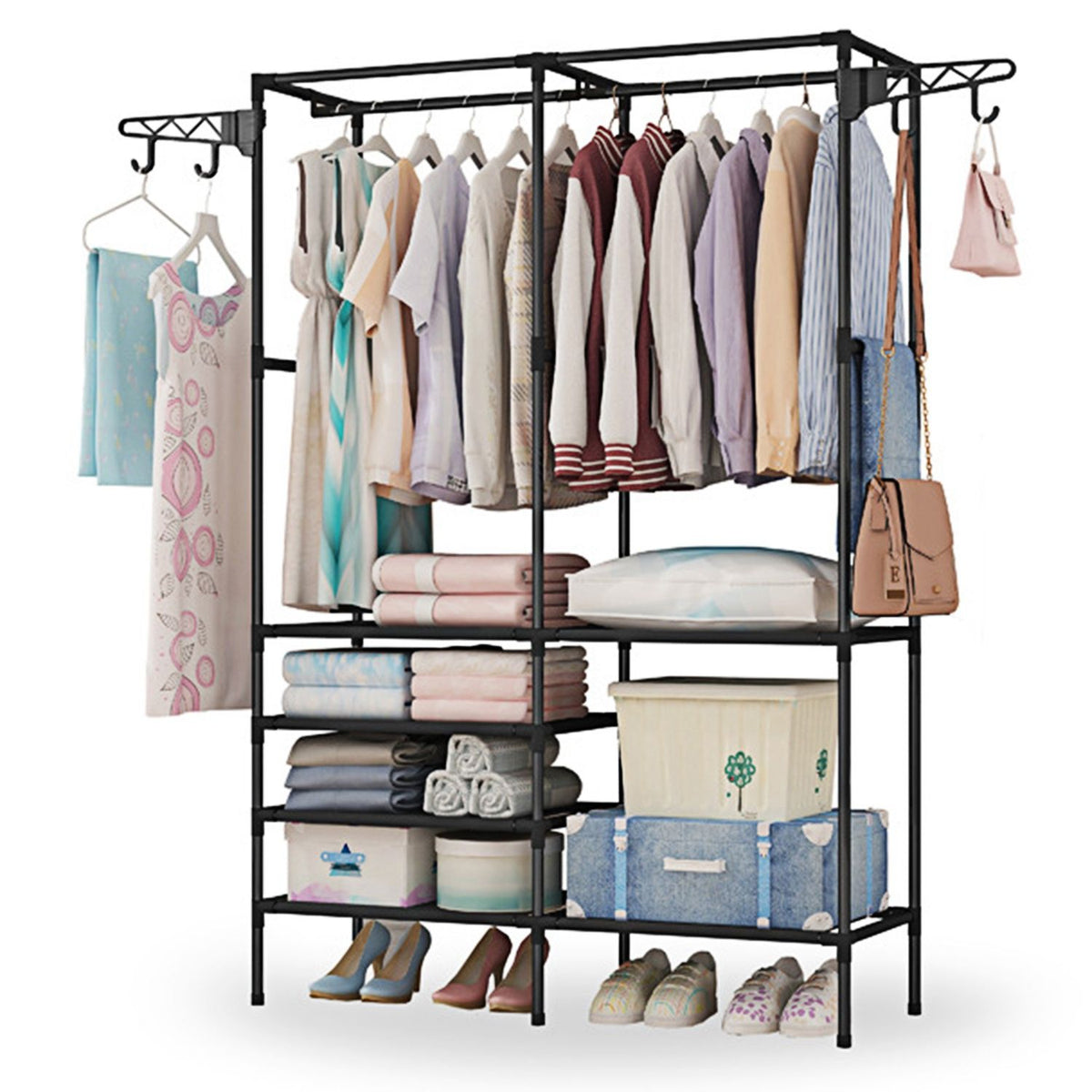 Black metal clothing rack with shelves for bedroom storage