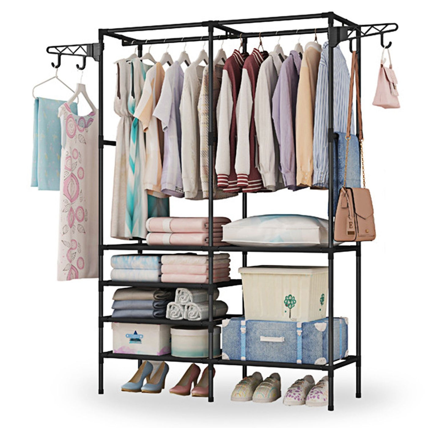 Black metal clothing rack with shelves for bedroom storage