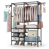 Black metal clothing rack with shelves for bedroom storage