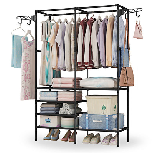 Black metal clothing rack with shelves for bedroom storage