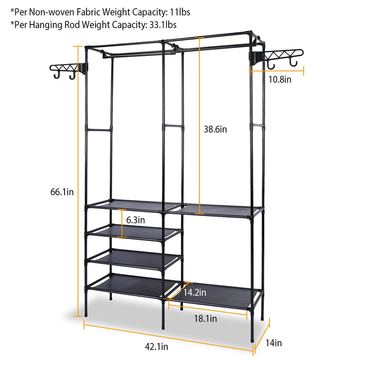 Steel garment rack close-up showing top hanging rod