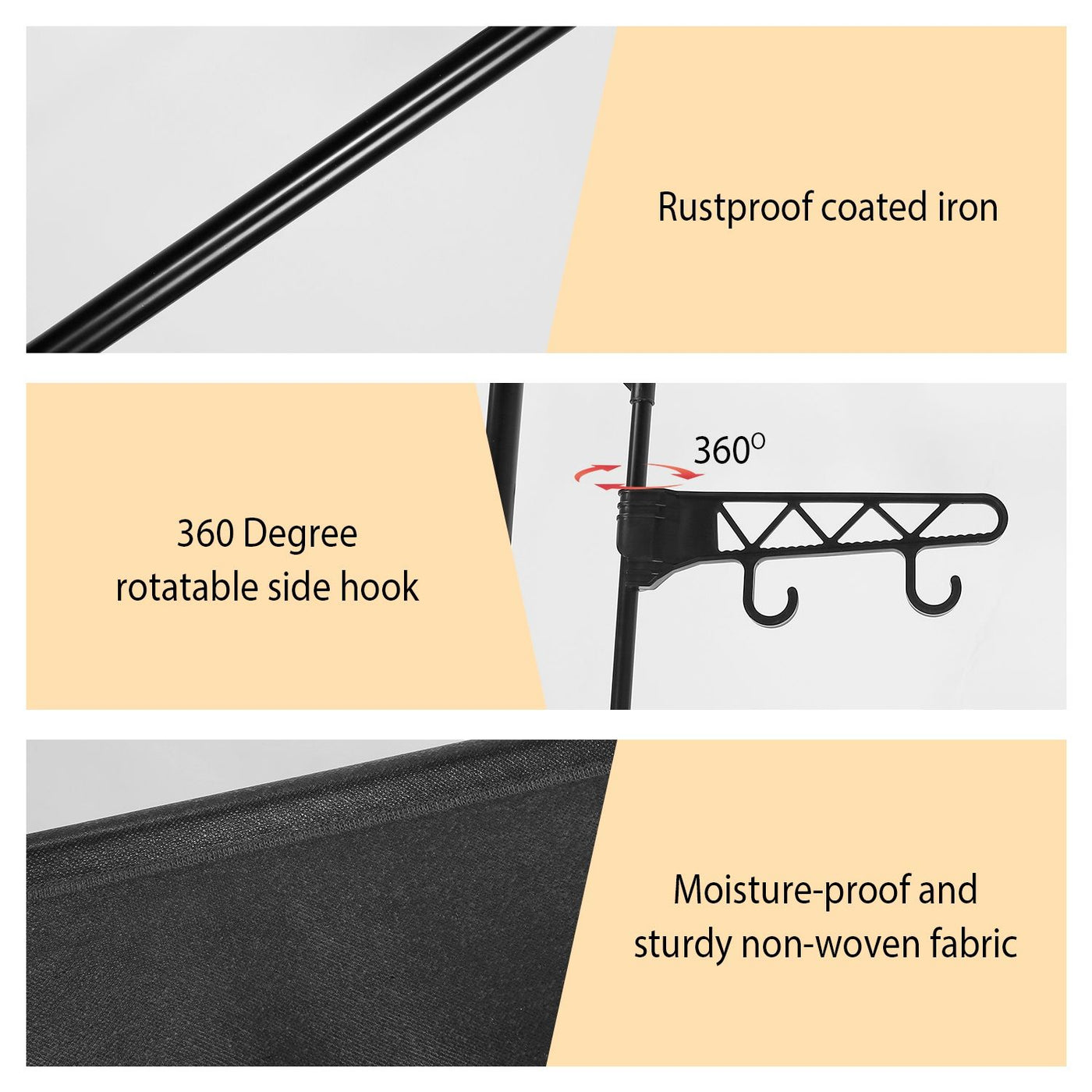 Freestanding clothes rack with shoes lined up on bottom shelf