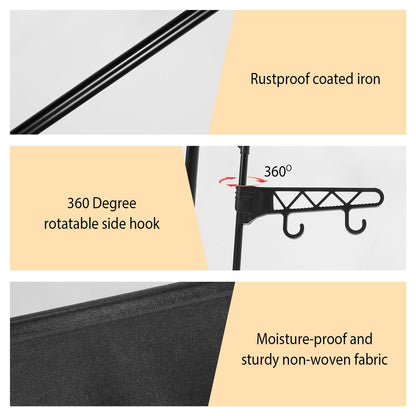 Freestanding clothes rack with shoes lined up on bottom shelf