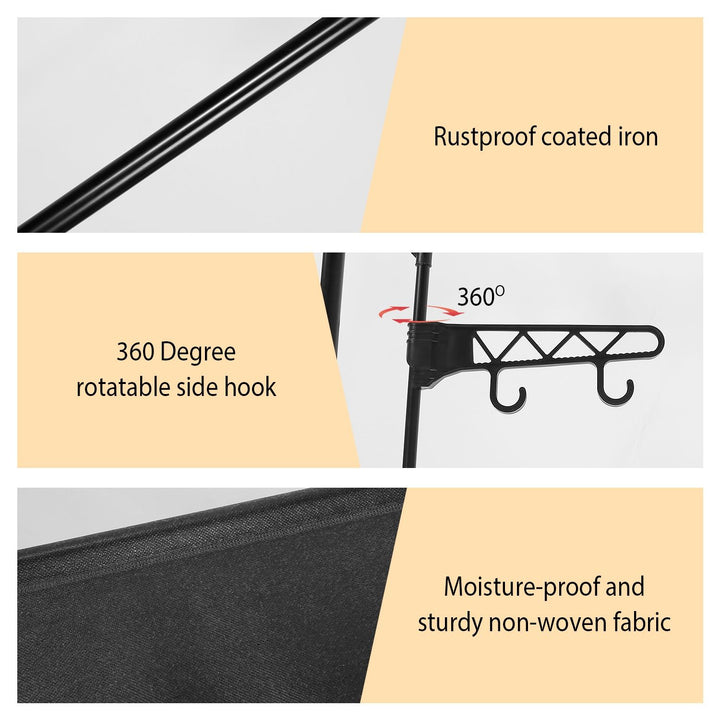 Freestanding clothes rack with shoes lined up on bottom shelf