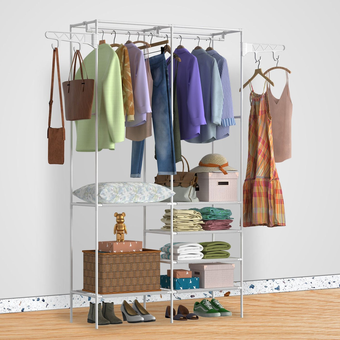 Garment rack with shelves for closet organization
