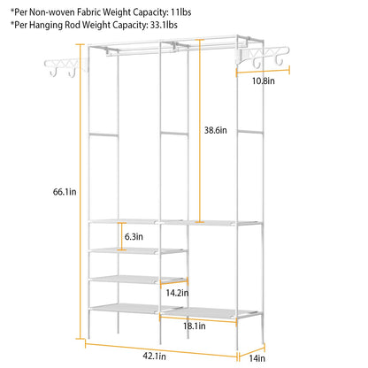 Freestanding garment rack with hanging clothes and shoes