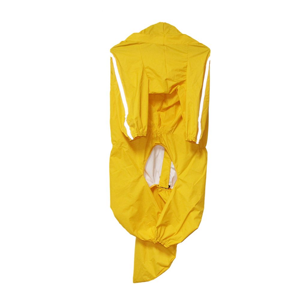 Yellow dog raincoat detail view with leg coverage