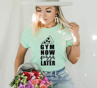Gym Now Pizza Later tee styled with shorts