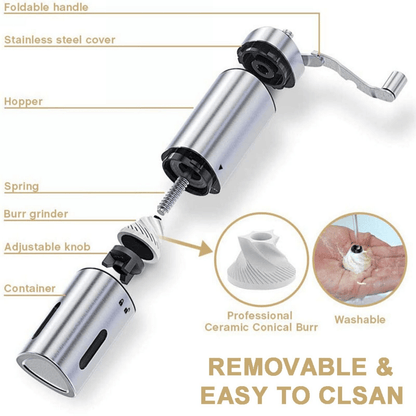 Hand crank pepper grinder mill with side handle for manual grinding, in-use view