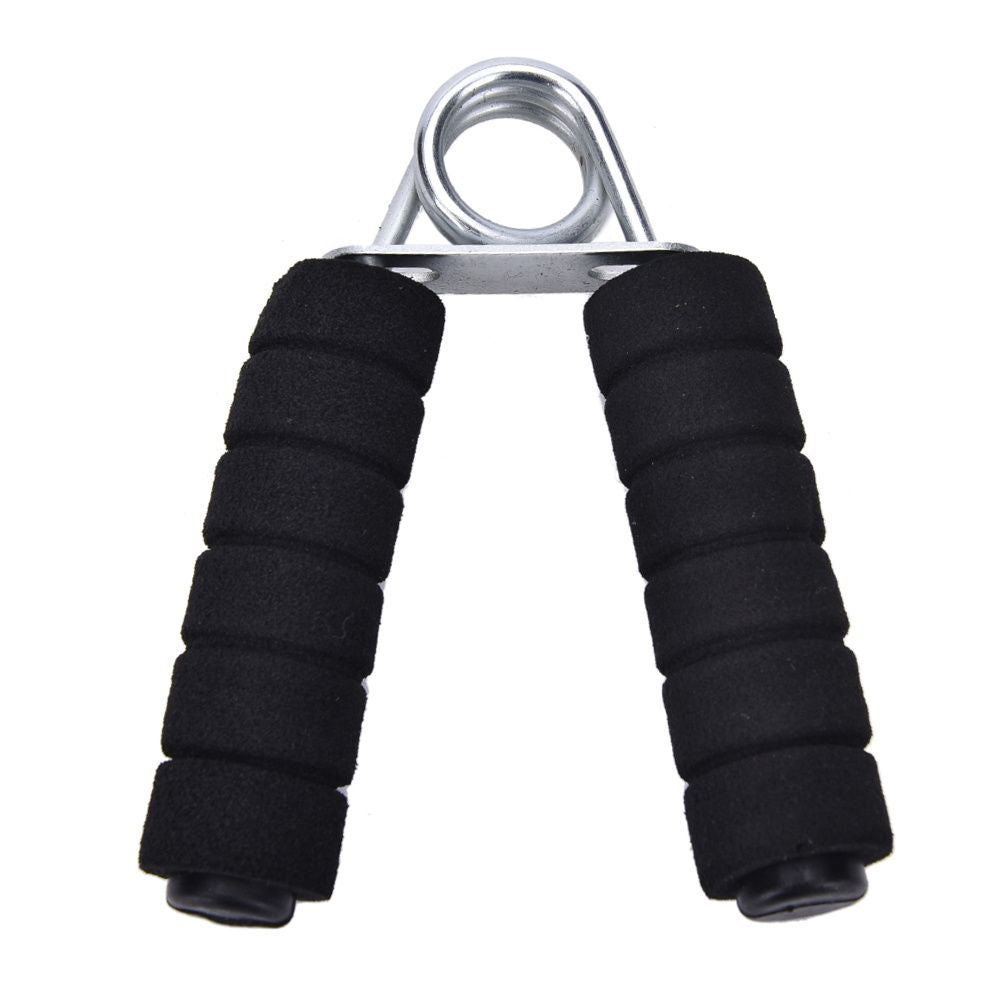 Hand grip strengthener compact size view next to a hand