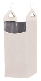 Hanging laundry hamper in beige with two metal hangers