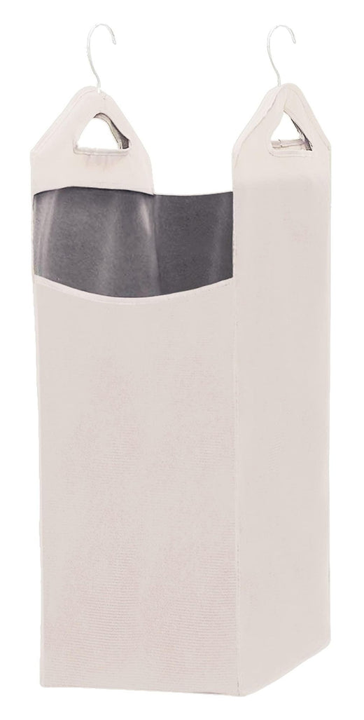Hanging laundry hamper in beige with two metal hangers