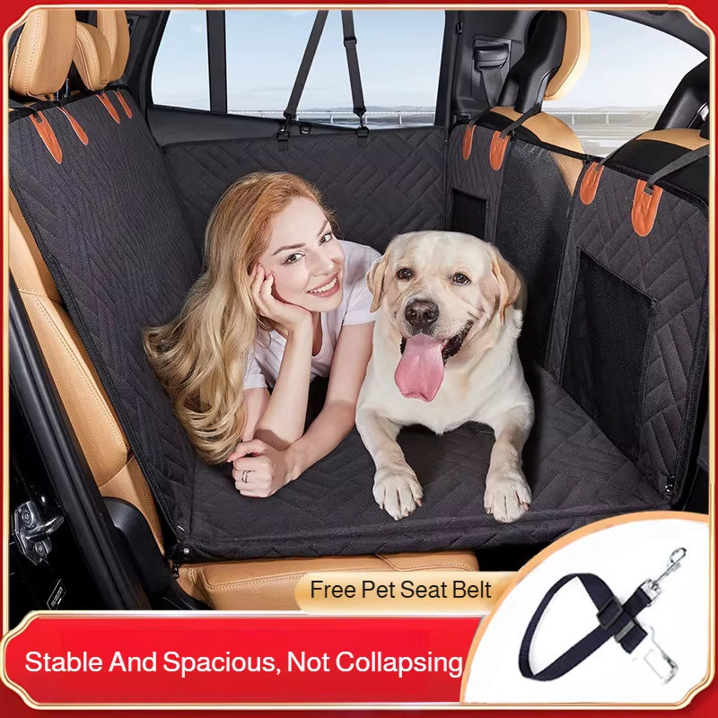 Dog seated on scratch-resistant car seat protector