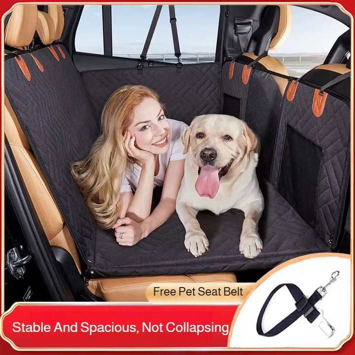 Dog seated on scratch-resistant car seat protector
