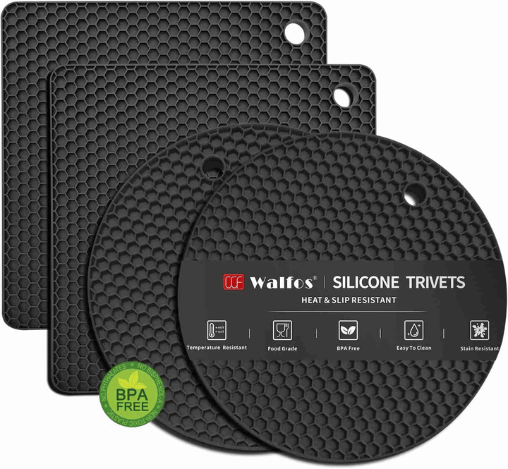 Heat-resistant silicone trivet mats stacked to show their raised grid texture for holding hot cookware