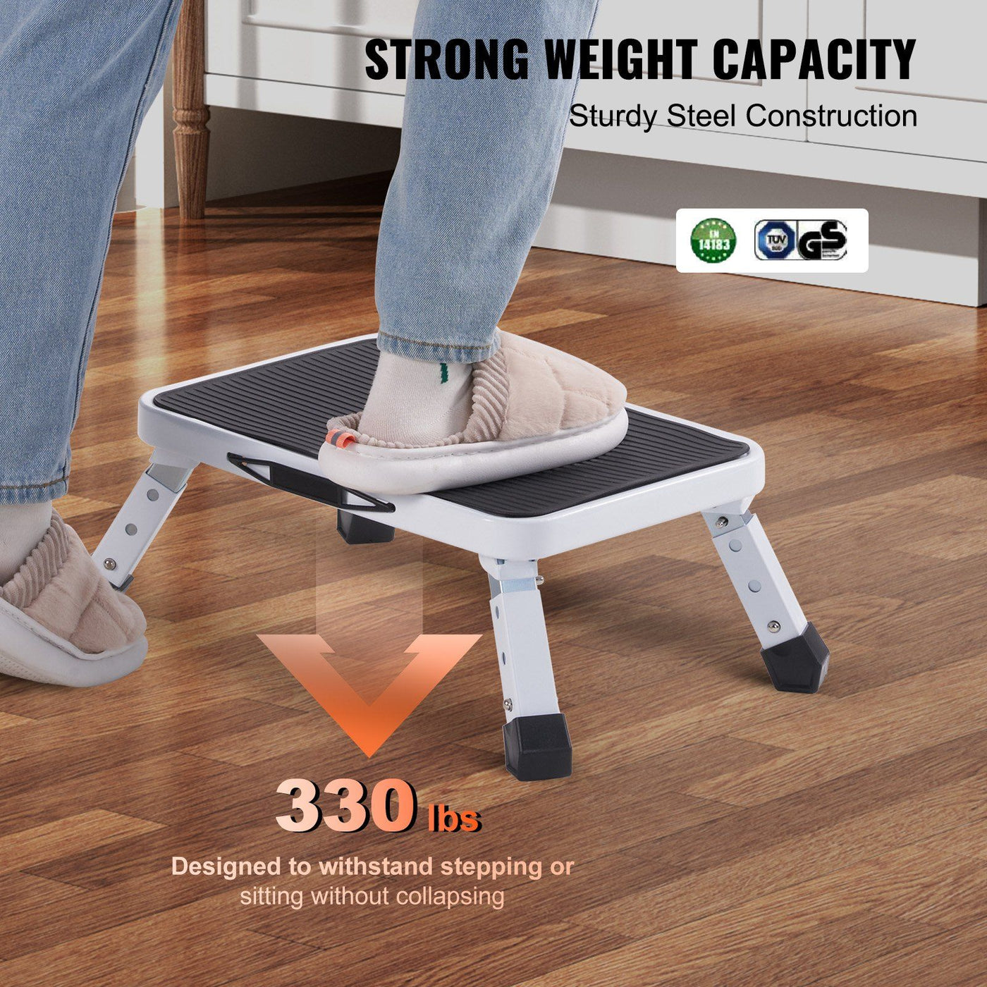 Heavy-duty 1-step foldable stool shown in its compact folded profile for storage