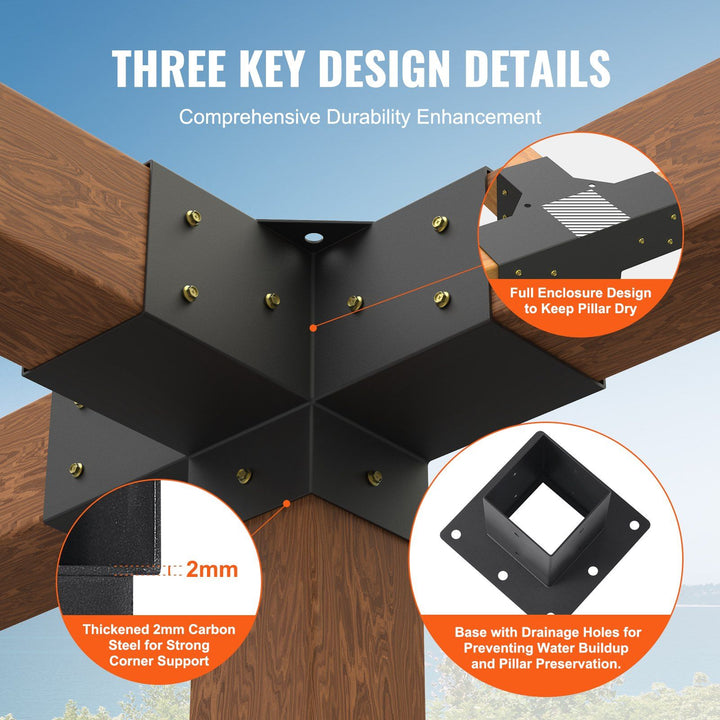 Heavy-duty steel pergola corner bracket kit for 4x4 inch posts - close-up detail