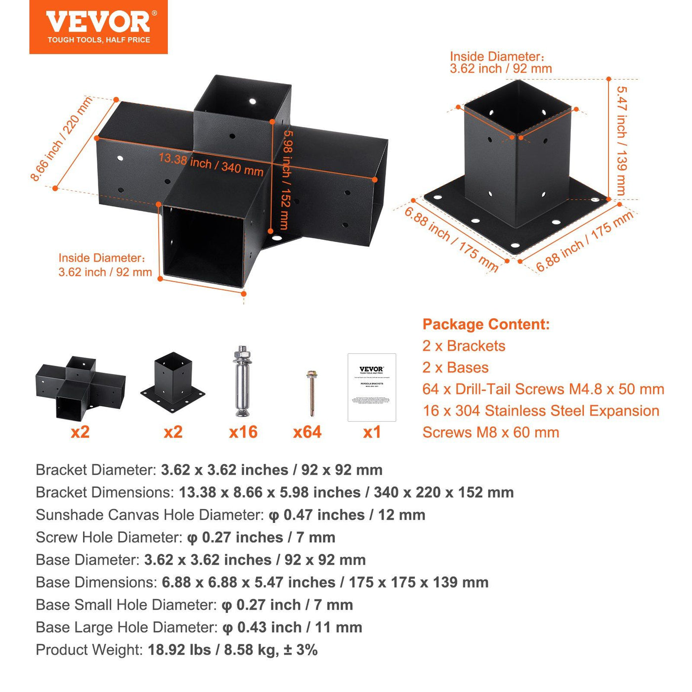 Heavy-duty steel pergola corner bracket kit for 4x4 inch posts - feature detail