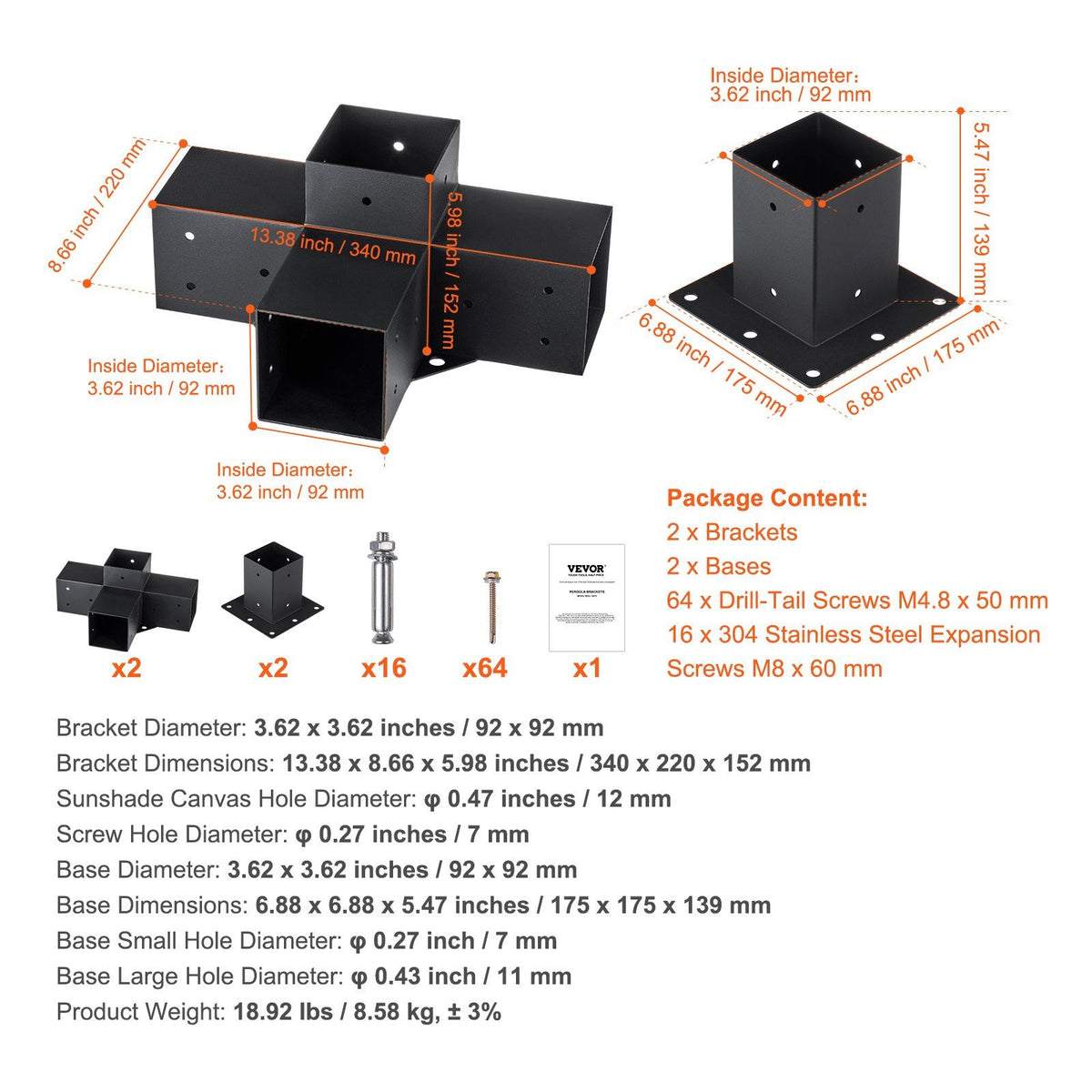 Heavy-duty steel pergola corner bracket kit for 4x4 inch posts - dimension view