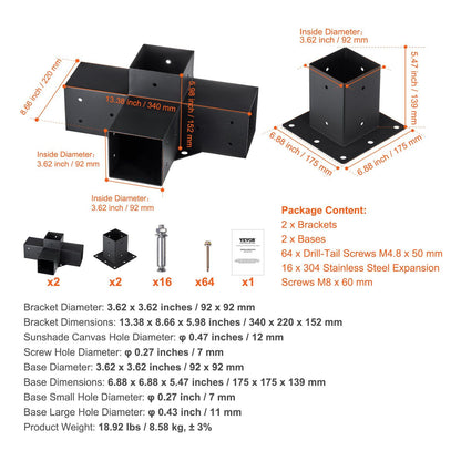 Heavy-duty steel pergola corner bracket kit for 4x4 inch posts - dimension view
