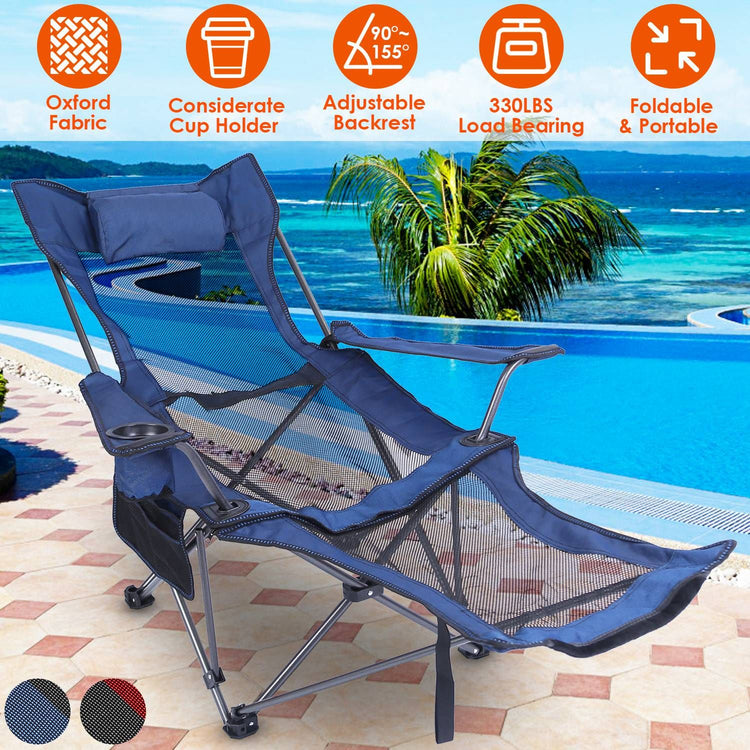 Navy blue mesh recliner camping chair with adjustable backrest, headrest pillow, and armrest cup holder
