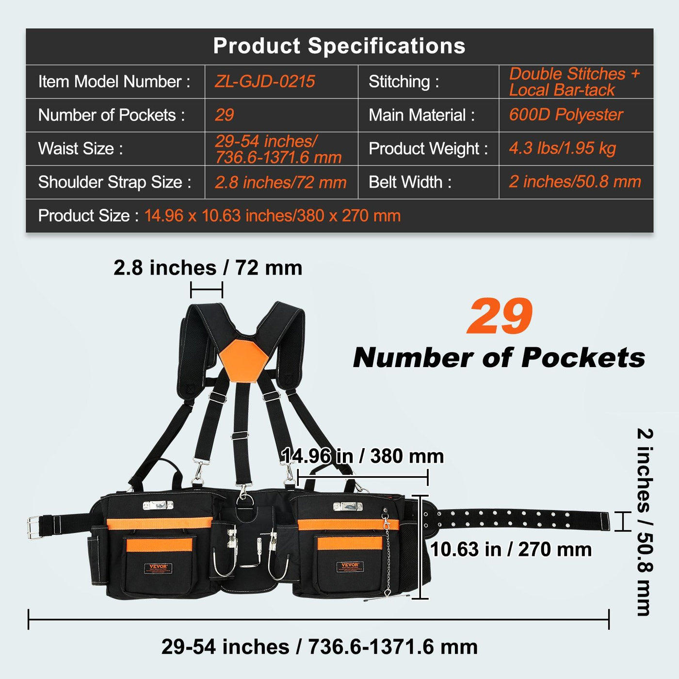 Heavy Duty Tool Belt with Suspenders included accessories