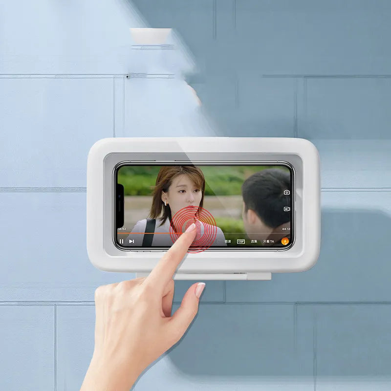 Wall-mounted waterproof phone case with a clear touch-through front panel for shower use