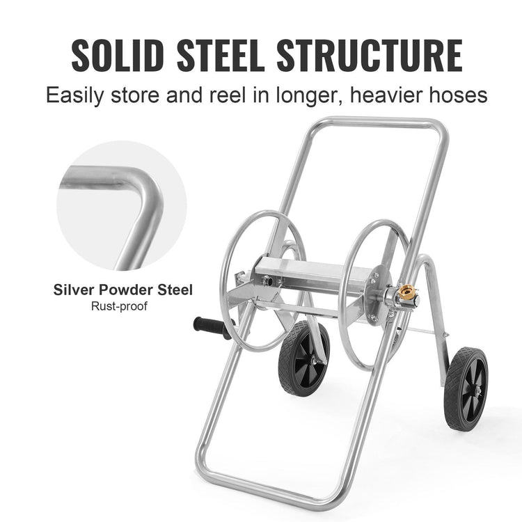 Hose reel cart being rolled across a lawn