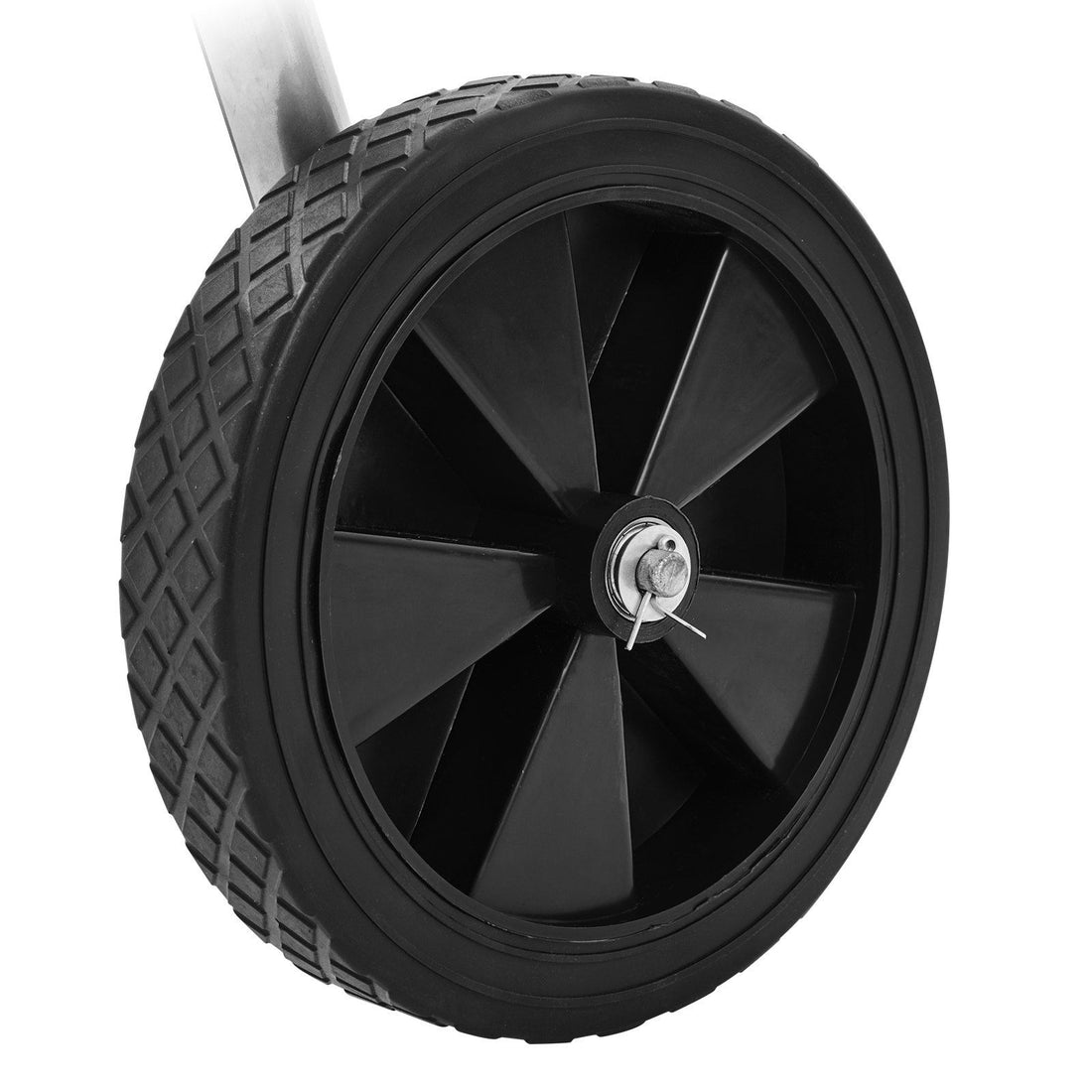 Hose reel cart handle and wheel close-up