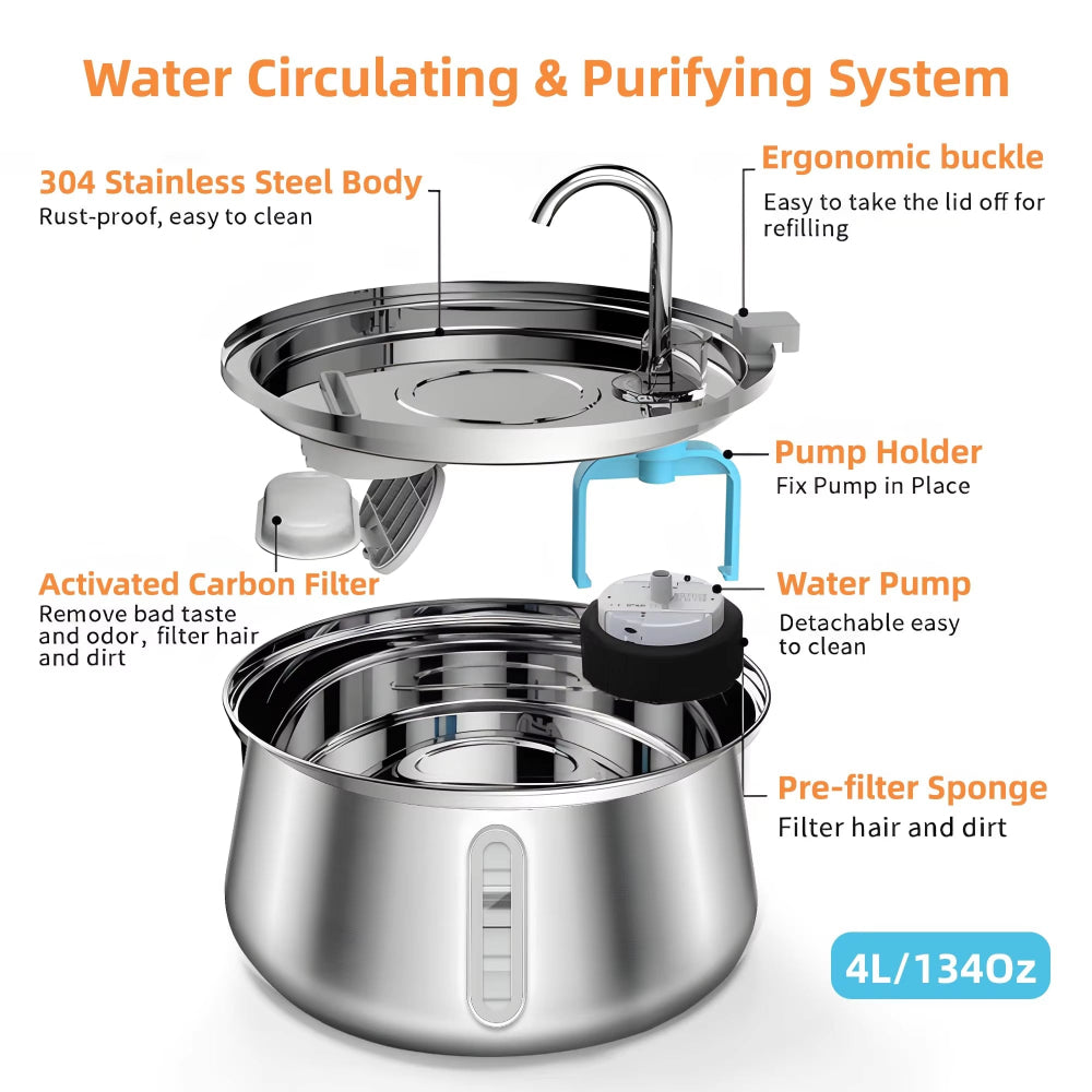 Dog water fountain 4 L capacity stainless steel detail view