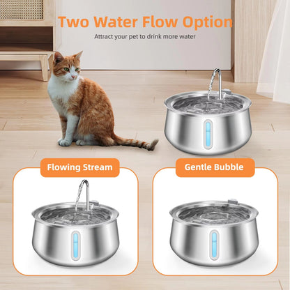 Quiet pet water fountain in use beside a dog