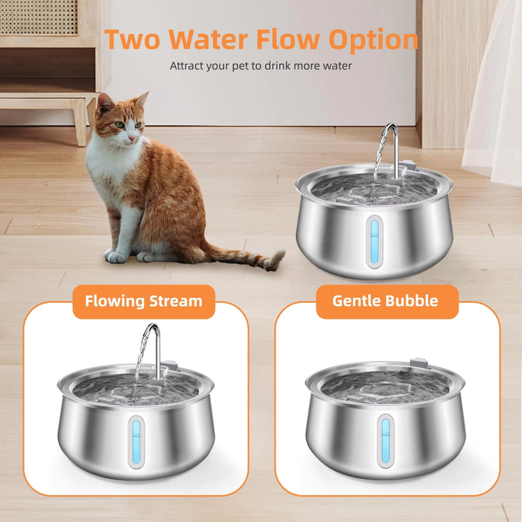 Quiet pet water fountain in use beside a dog