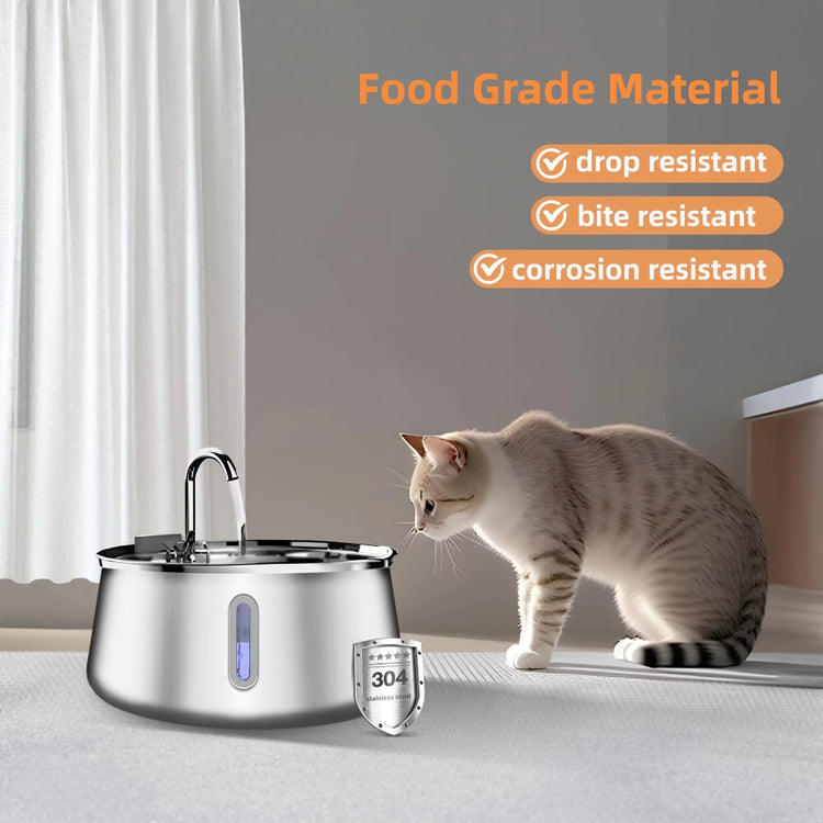 Cat drinking from the stainless steel pet water fountain