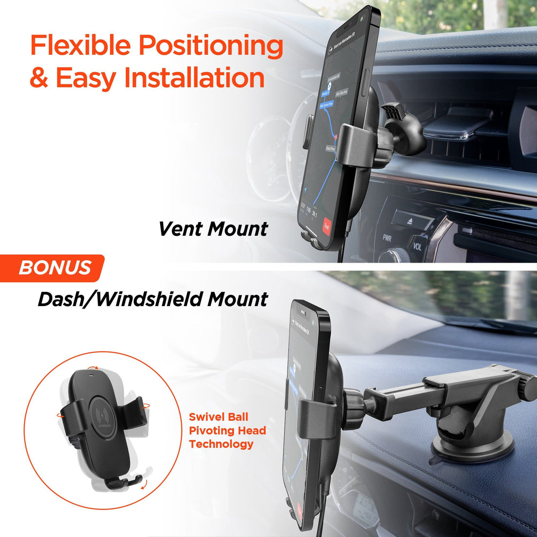 Gravity-lock arms holding a smartphone in the car mount