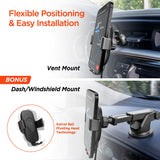 Gravity-lock arms holding a smartphone in the car mount